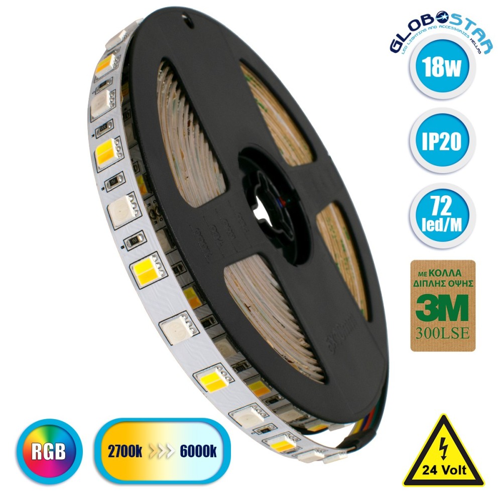 GLOBOSTAR® PRISMA 70266 Ταινία LED 18W-m 1800lm-m 120° DC 24V IP20 72 x SMD5050 Chip-m Πολύχρωμο RGBW+WW Dimmable - Sanan SMD Chip - Μ500 x Π1 x Υ0.2cm - Ρολό 5 Μέτρων - 5 Χρόνια Εγγύηση